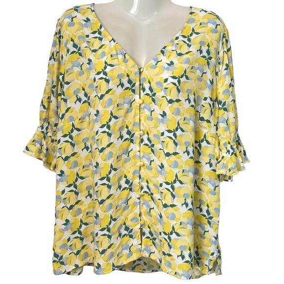 Loft Yellow, Blue & Green Button-up Blouse Size Large - Picture 1 of 10